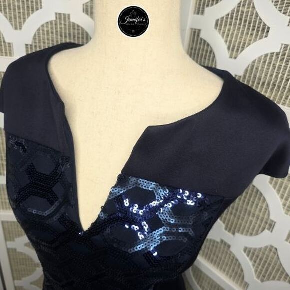 Connected Apparel Navy Blue Sequin Cap Sleeve Sheath Dress Size 14 - Picture 3 of 11